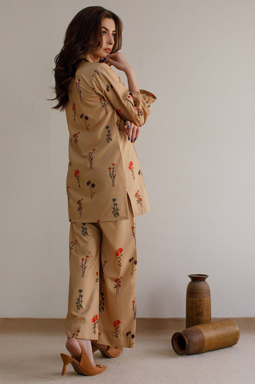 Brown Collar Roll-Up Sleeve Co-ord Set β 2-Piece