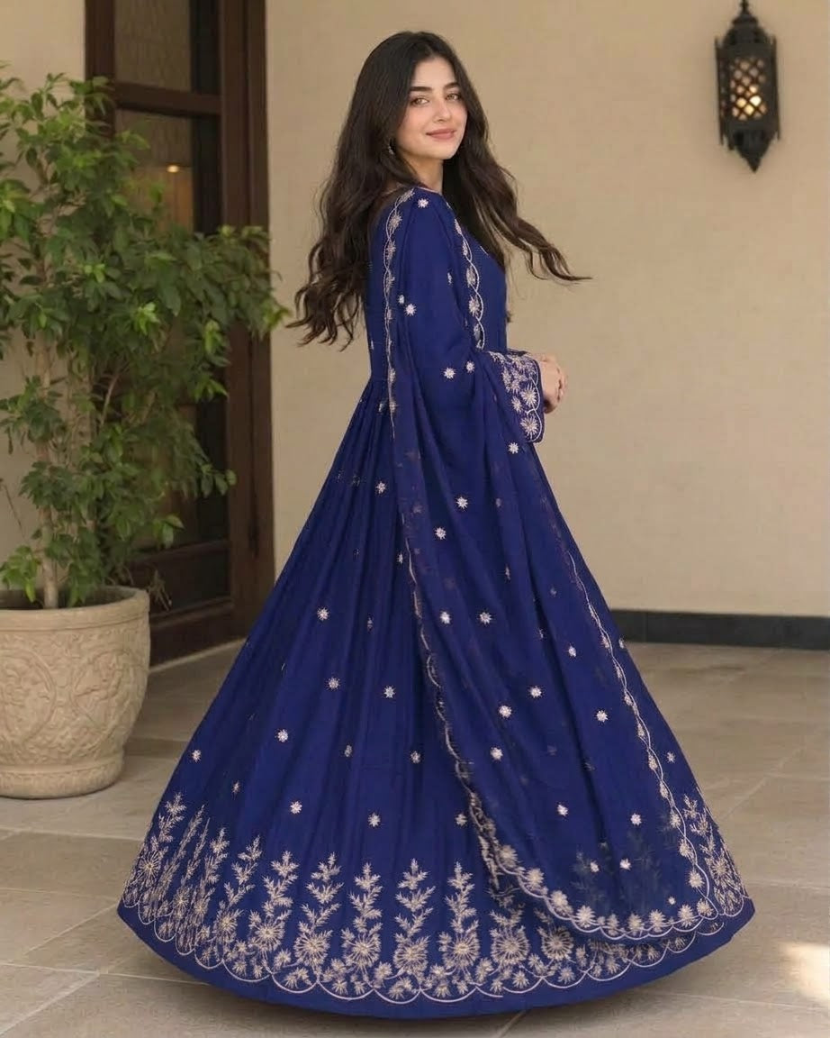 Embroidered Long Flare Maxi With Embroidered Dupatta – 3 Piece Party Wear