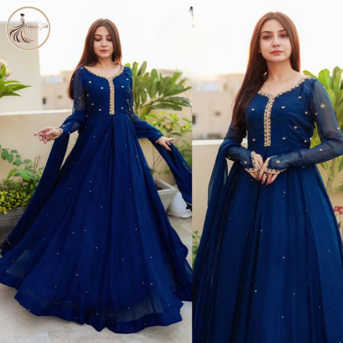 Pearl Embroidered Kaya Work Chiffon Maxi with Chiffon Lace Dupatta – 3 Pcs