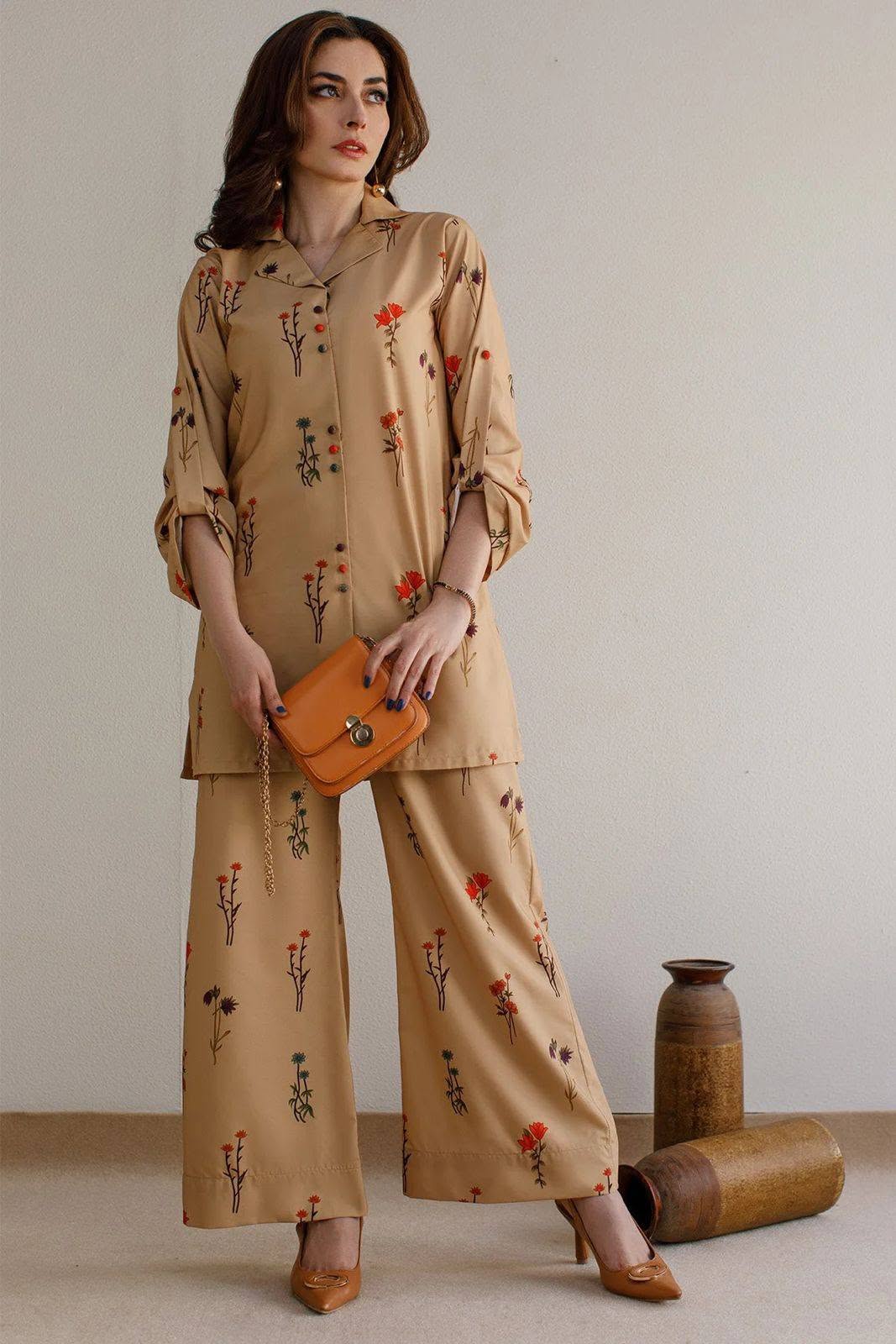 Brown Collar Roll-Up Sleeve Co-ord Set – 2-Piece