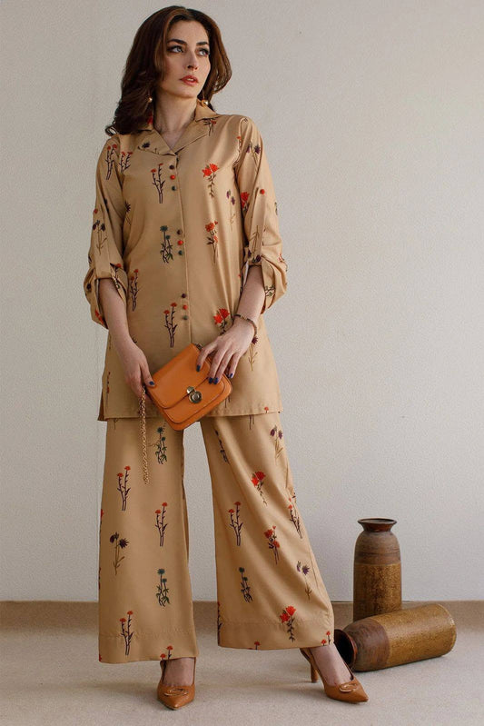 Brown Collar Roll-Up Sleeve Co-ord Set – 2-Piece