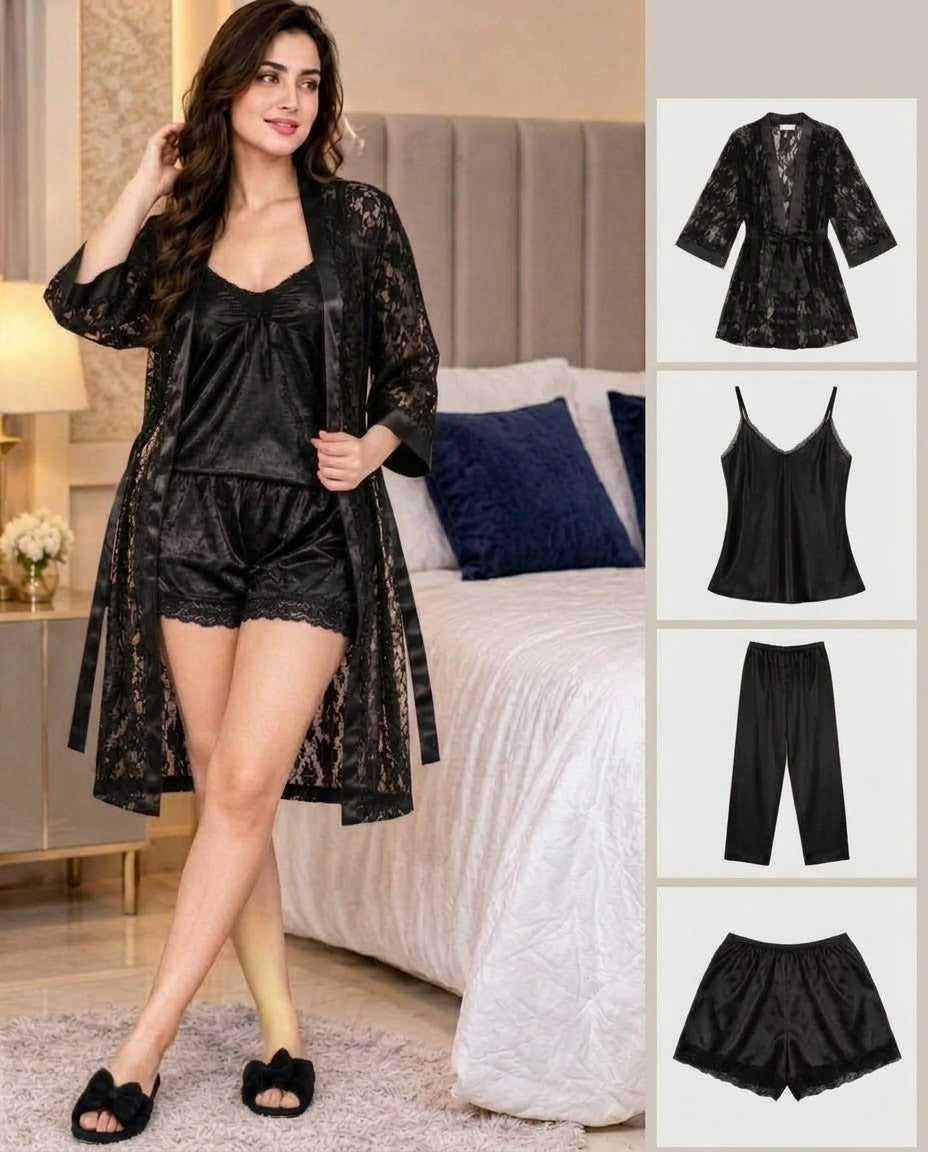 Imported Soft Silk Jersey & Net Bridal 4- Pcs Nighty Set – Premium Quality
