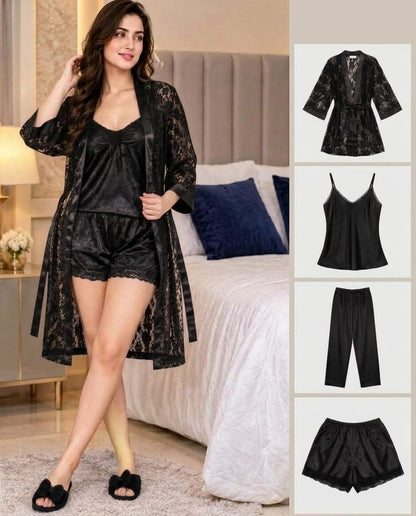 Imported Soft Silk Jersey & Net Bridal 4- Pcs Nighty Set – Premium Quality