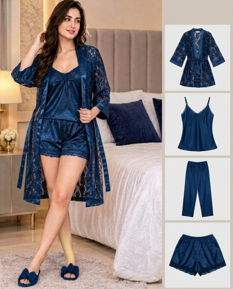 Imported Soft Silk Jersey & Net Bridal 4- Pcs Nighty Set – Premium Quality