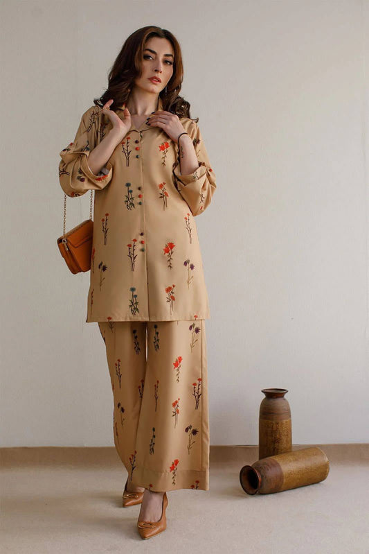 Brown Collar Roll-Up Sleeve Co-ord Set – 2-Piece