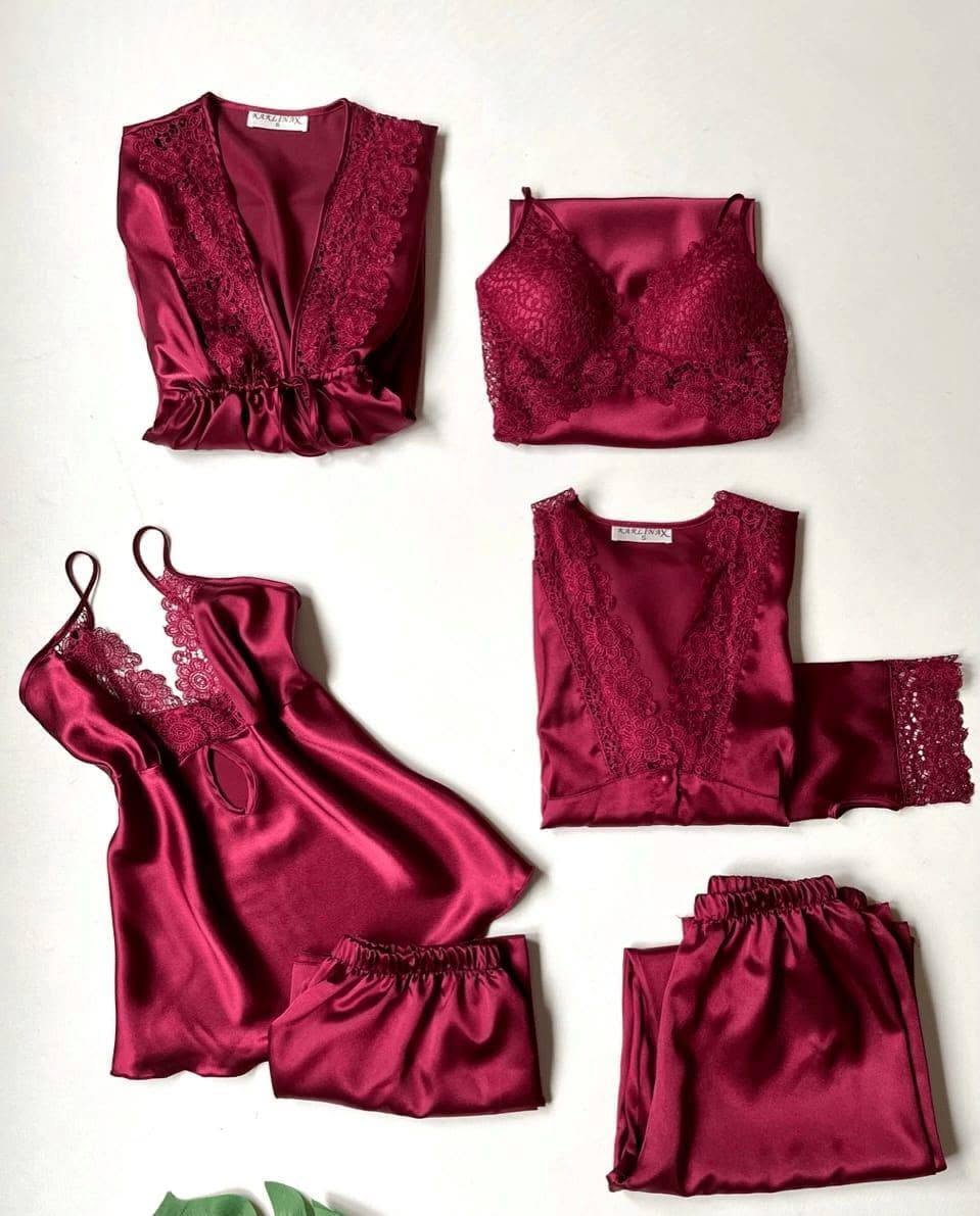 6-Piece Premium Silk Night Suit with Lace Work