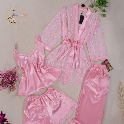 Imported China Silk 4-Piece Nightwear Set – Premium Luxury Collection
