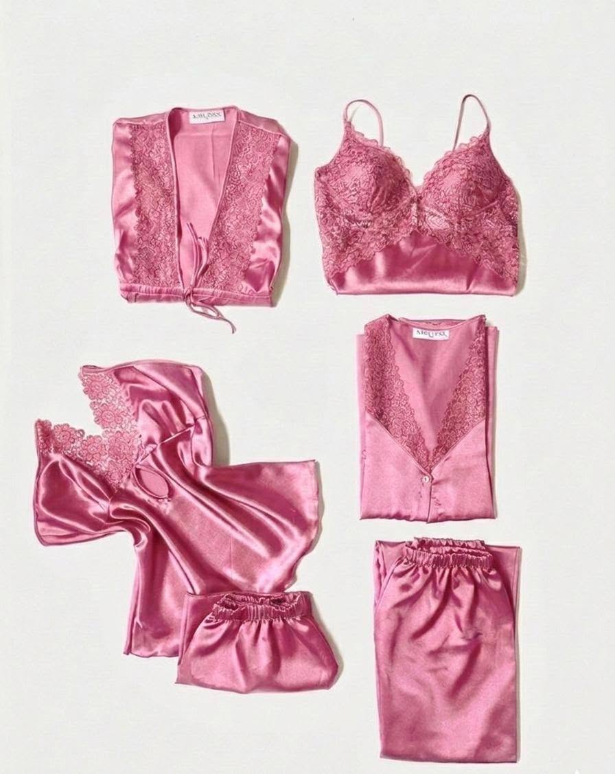 6-Piece Premium Silk Night Suit with Lace Work