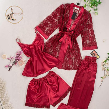 Imported China Silk 4-Piece Nightwear Set – Premium Luxury Collection