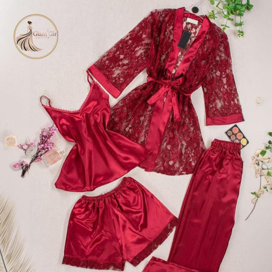 Imported China Silk 4-Piece Nightwear Set – Premium Luxury Collection