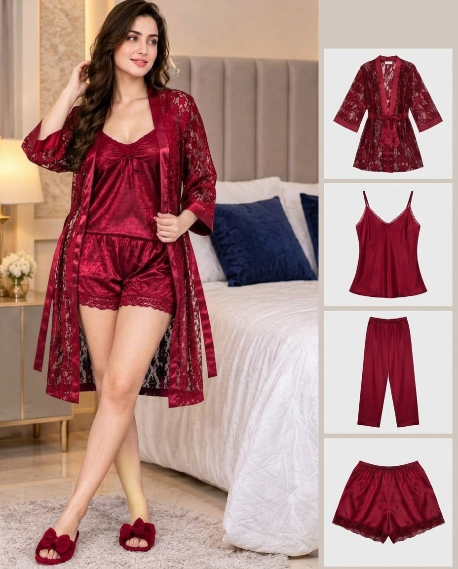 Imported Soft Silk Jersey & Net Bridal 4- Pcs Nighty Set – Premium Quality