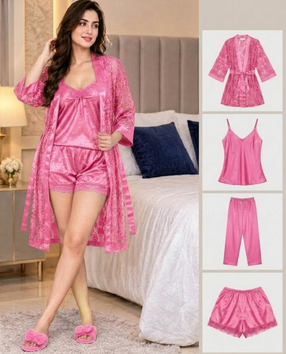 Imported Soft Silk Jersey & Net Bridal 4- Pcs Nighty Set – Premium Quality