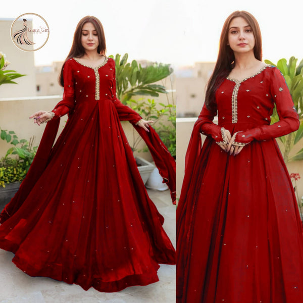 Pearl Embroidered Kaya Work Chiffon Maxi with Chiffon Lace Dupatta – 3 Pcs