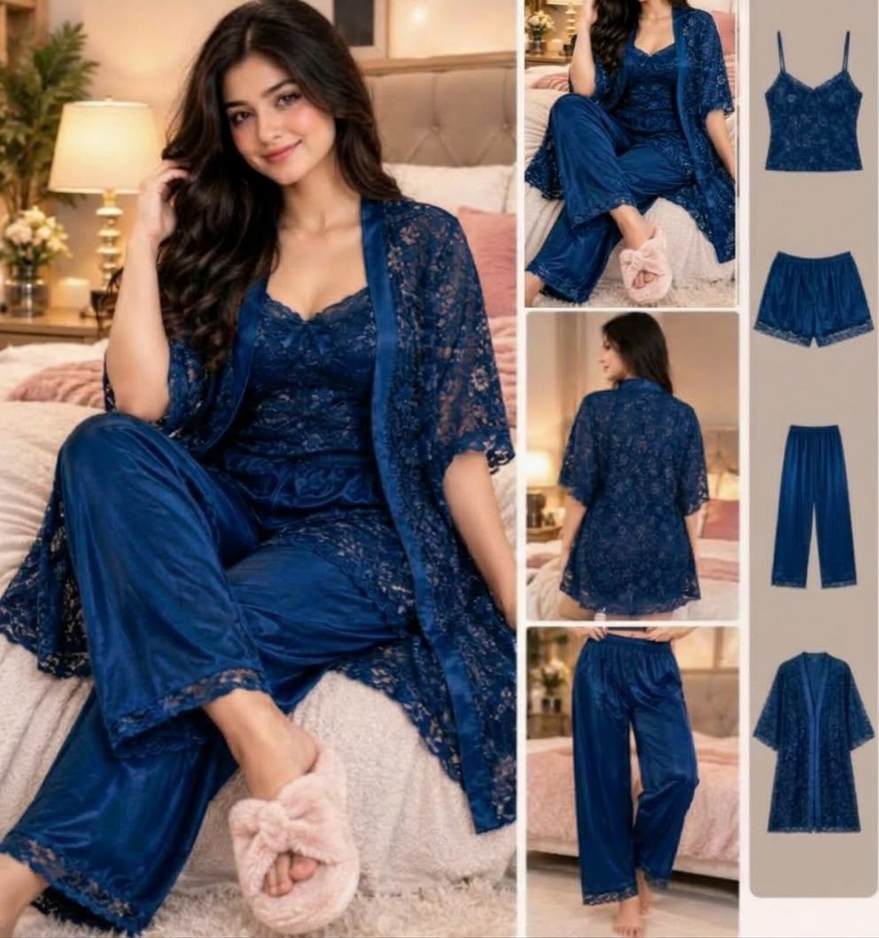 Imported Soft Silk Jersey & Net Bridal 4- Pcs Nighty Set – Premium Quality
