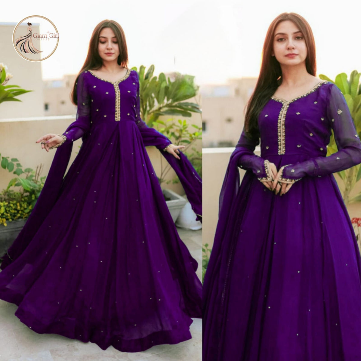 Pearl Embroidered Kaya Work Chiffon Maxi with Chiffon Lace Dupatta – 3 Pcs