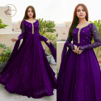 Pearl Embroidered Kaya Work Chiffon Maxi with Chiffon Lace Dupatta – 3 Pcs