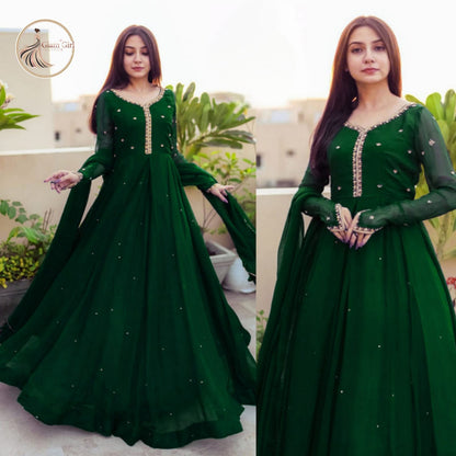 Pearl Embroidered Kaya Work Chiffon Maxi with Chiffon Lace Dupatta – 3 Pcs