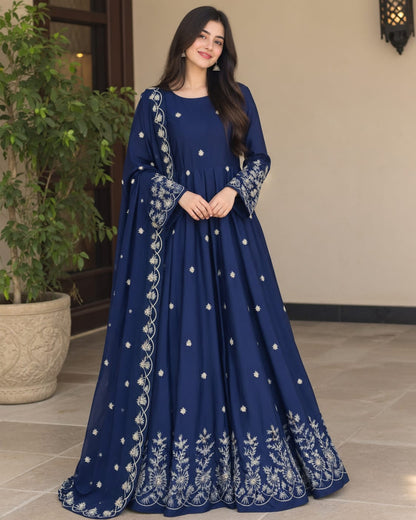 Embroidered Long Flare Maxi With Embroidered Dupatta – 3 Piece Party Wear