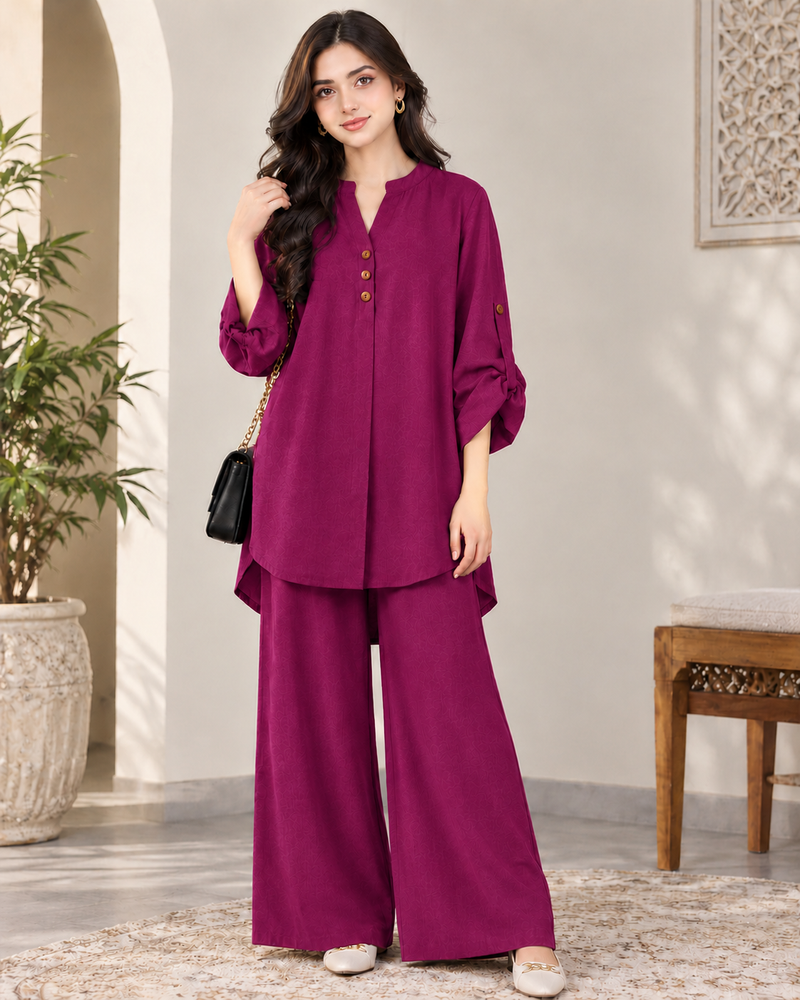 Alenza Western Shirt Style 2-Pcs Stitched Co-Ord Set ! Soft Flowy ! Premium Quality !