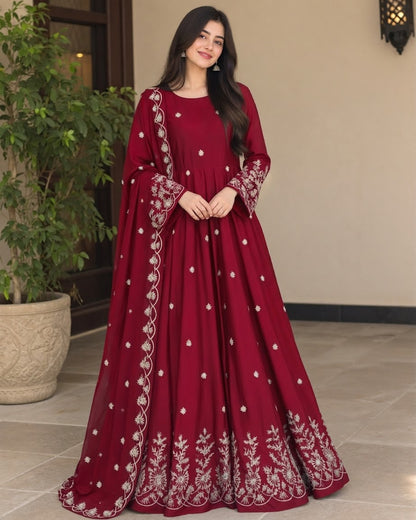 Embroidered Long Flare Maxi With Embroidered Dupatta – 3 Piece Party Wear