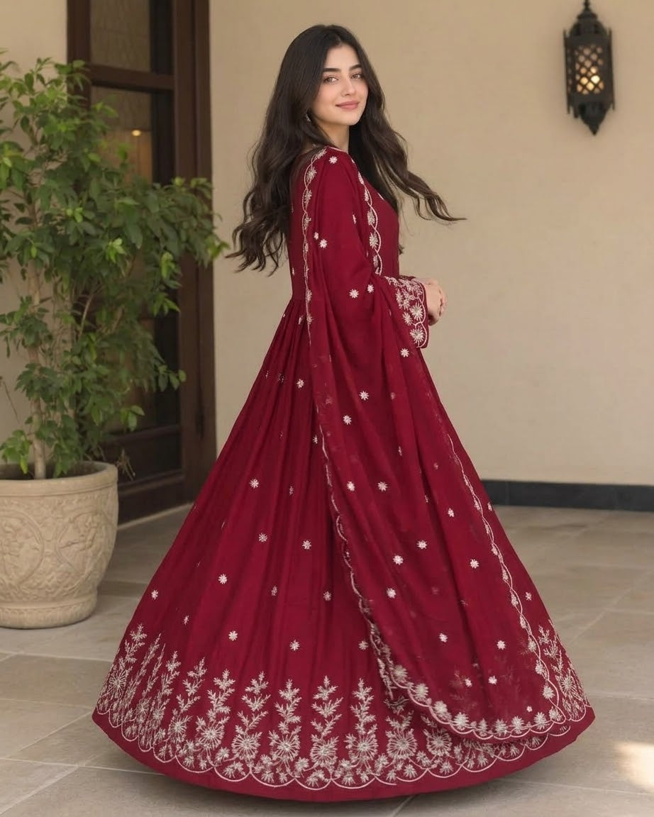 Embroidered Long Flare Maxi With Embroidered Dupatta – 3 Piece Party Wear