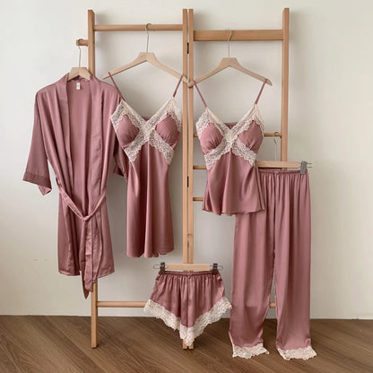 5-Piece Lace Satin Nightwear Set