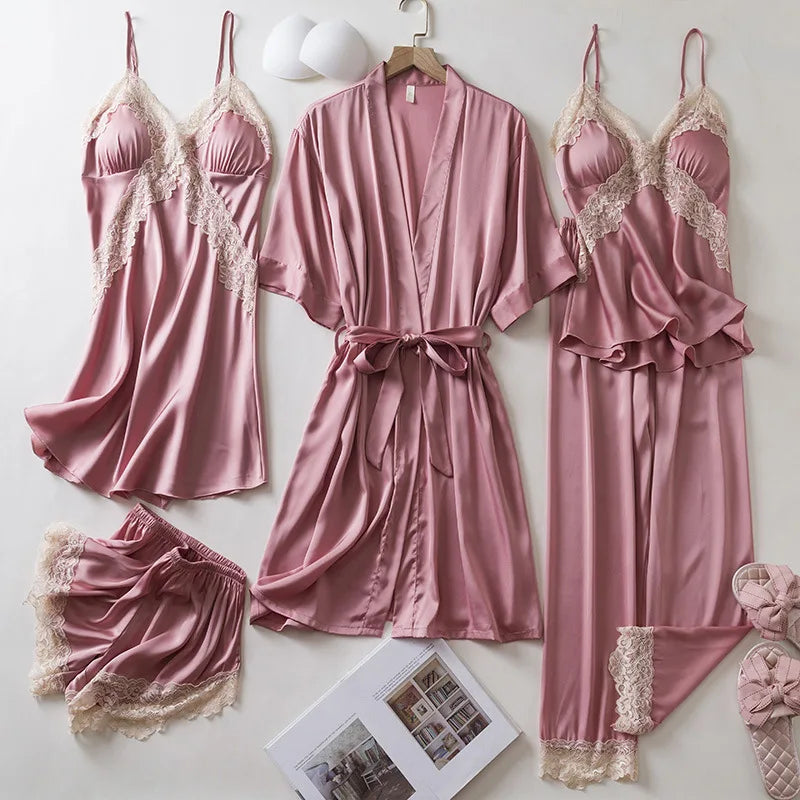5-Piece Lace Satin Nightwear Set