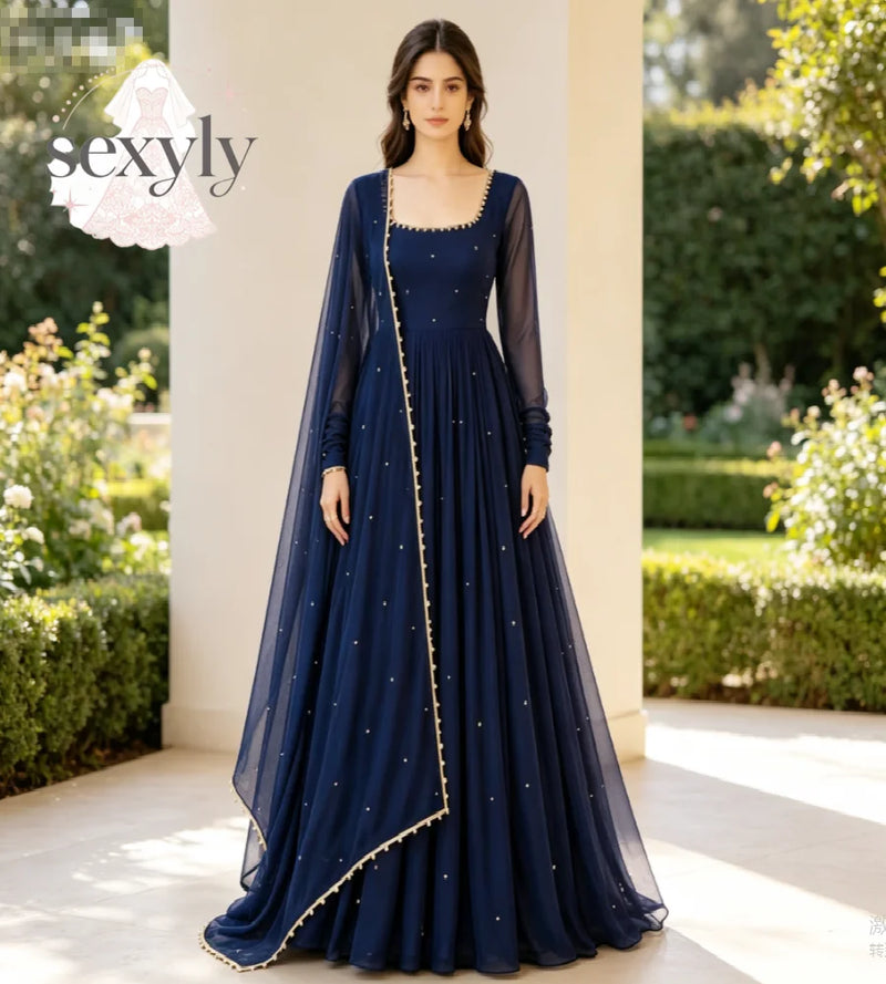 Navy Blue Anarkali Wedding Gown