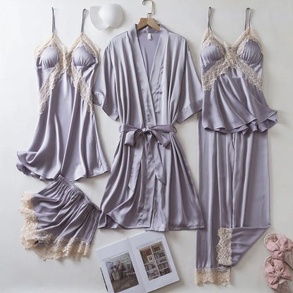 5-Piece Lace Satin Nightwear Set