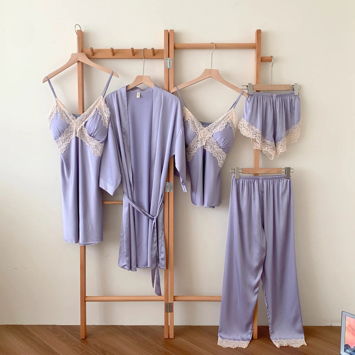 5-Piece Lace Satin Nightwear Set
