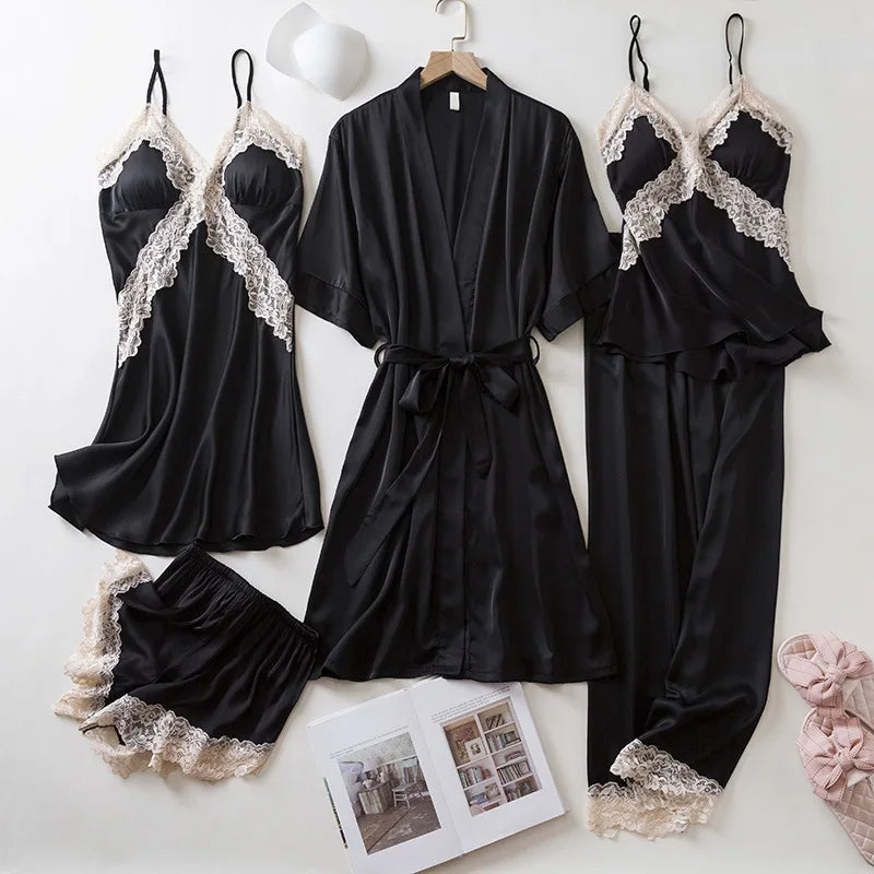 5-Piece Lace Satin Nightwear Set