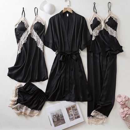 5-Piece Lace Satin Nightwear Set