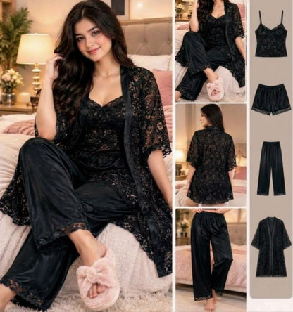 Imported Soft Silk Jersey & Net Bridal 4- Pcs Nighty Set – Premium Quality
