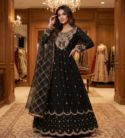 Embroidered Long Maxi With Fully Embroidered Dupatta – 3 Piece