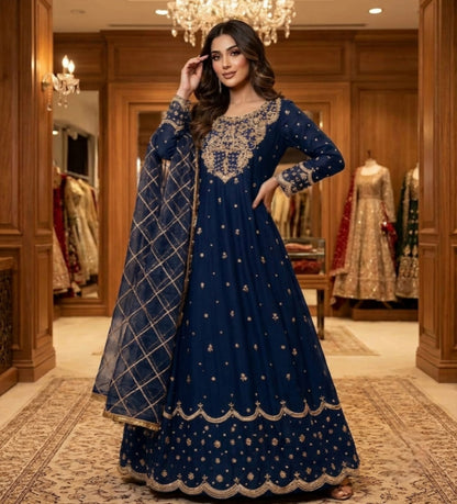 Embroidered Long Maxi With Fully Embroidered Dupatta – 3 Piece