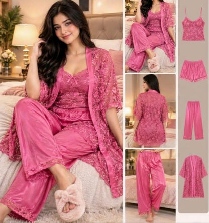 Imported Soft Silk Jersey & Net Bridal 4- Pcs Nighty Set – Premium Quality