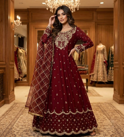 Embroidered Long Maxi With Fully Embroidered Dupatta – 3 Piece
