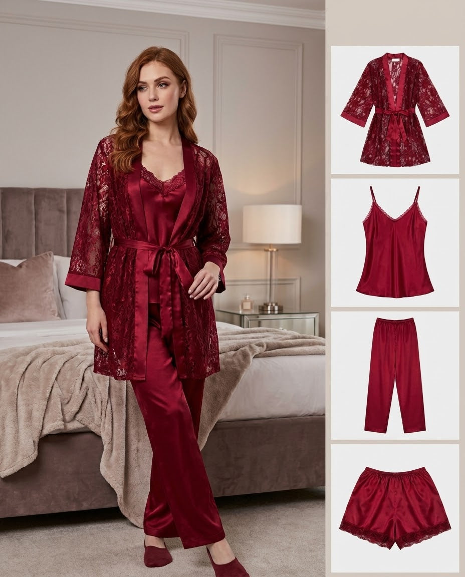 Imported Soft Silk Jersey & Net Bridal 4- Pcs Nighty Set – Premium Quality