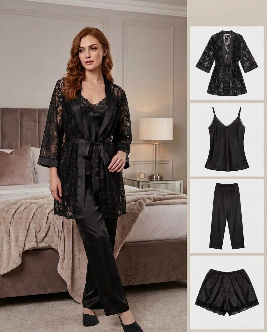 Imported Soft Silk Jersey & Net Bridal 4- Pcs Nighty Set – Premium Quality