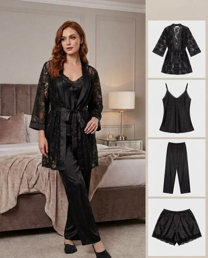 Imported Soft Silk Jersey & Net Bridal 4- Pcs Nighty Set – Premium Quality