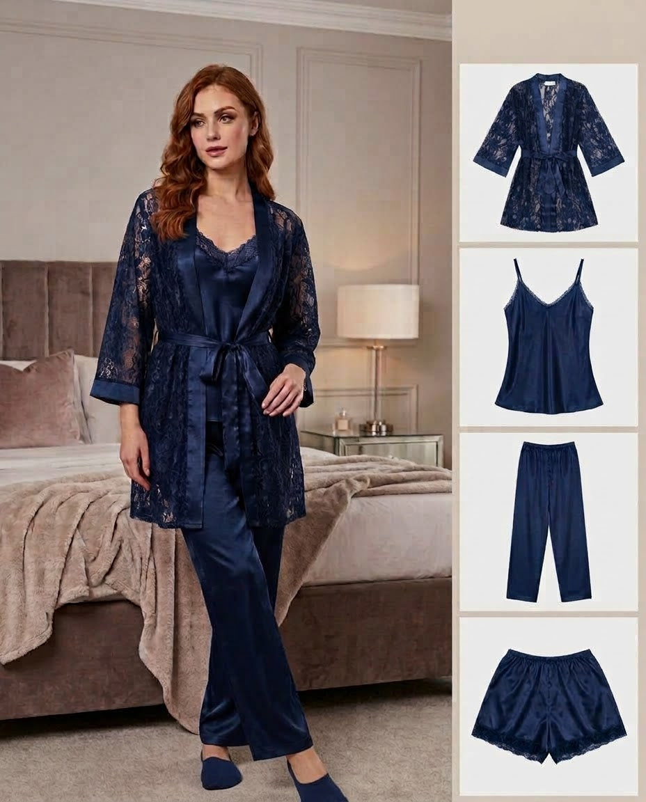Imported Soft Silk Jersey & Net Bridal 4- Pcs Nighty Set – Premium Quality