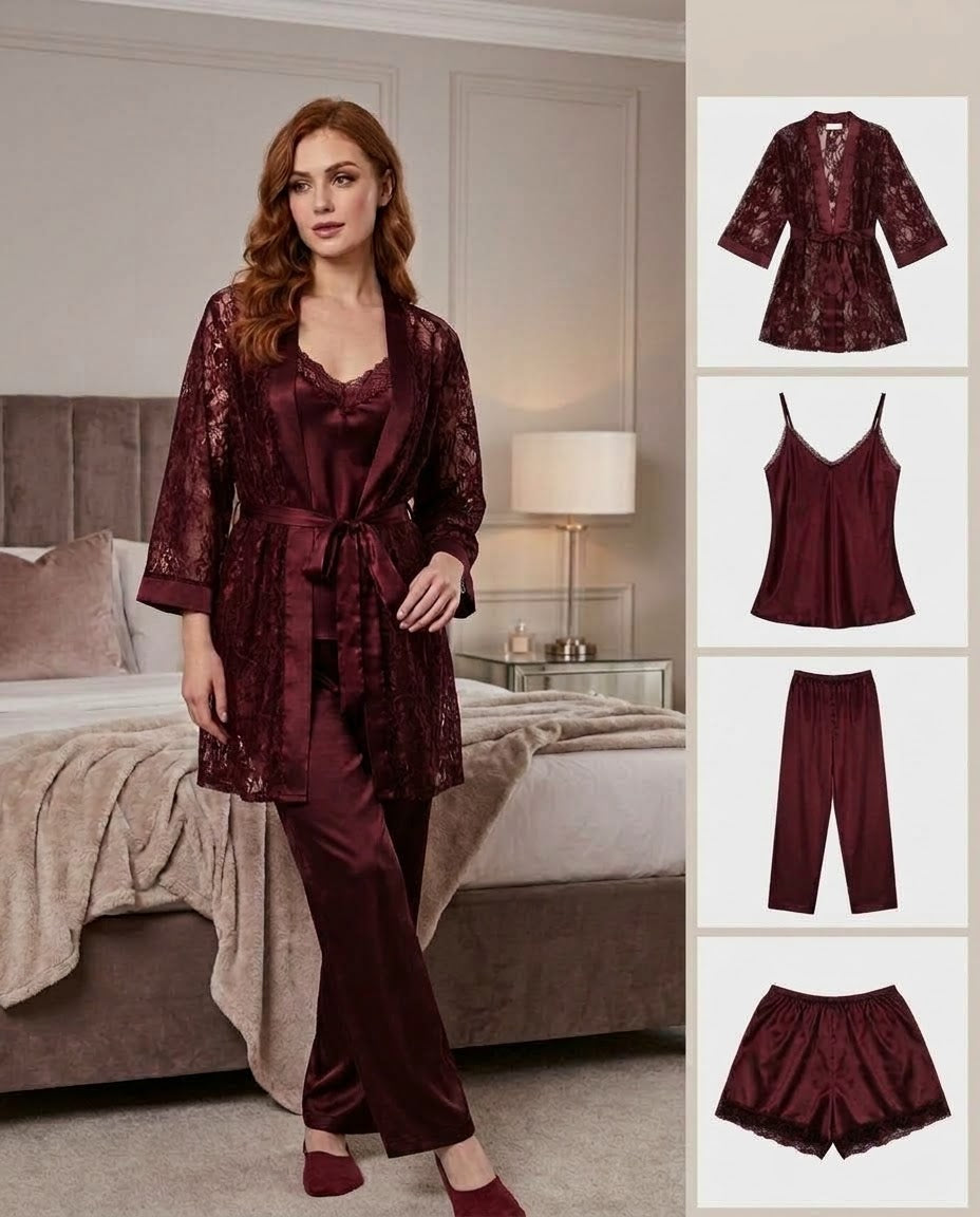 Imported Soft Silk Jersey & Net Bridal 4- Pcs Nighty Set – Premium Quality