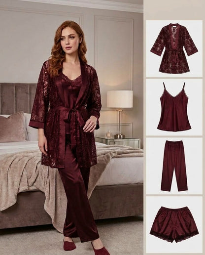Imported Soft Silk Jersey & Net Bridal 4- Pcs Nighty Set – Premium Quality