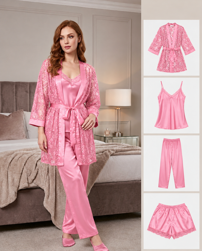 Imported Soft Silk Jersey & Net Bridal 4- Pcs Nighty Set – Premium Quality